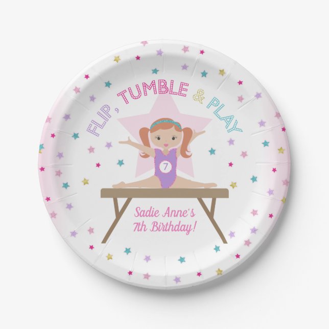 Gymnastics Jump Party Red Hair Birthday Party Paper Plate (Front)