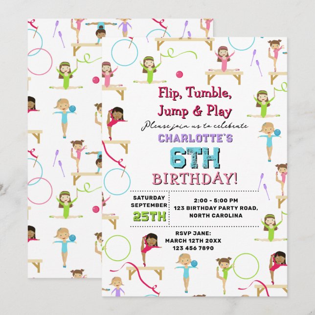 Gymnastics Kids Girl Birthday Party Theme Invitation (Front/Back)