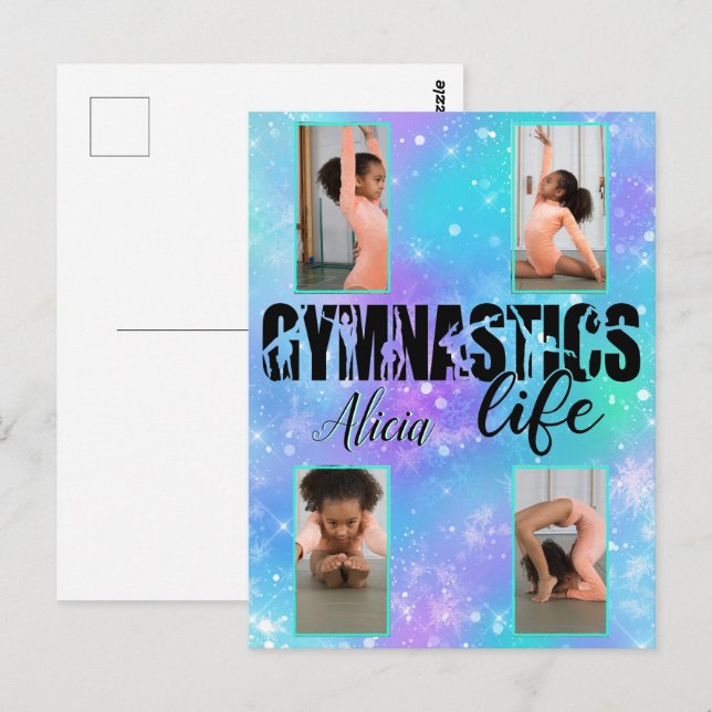 Gymnastics Life Pastel Personalised Name & 4 Photo Postcard (Front/Back)