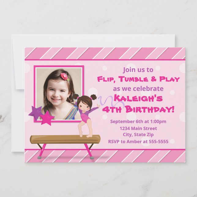Gymnastics Party Birthday Invitation Brunette Girl (Front)