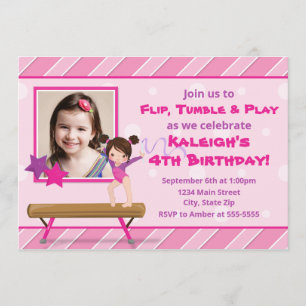 Gymnastics Party Birthday Invitation Brunette Girl