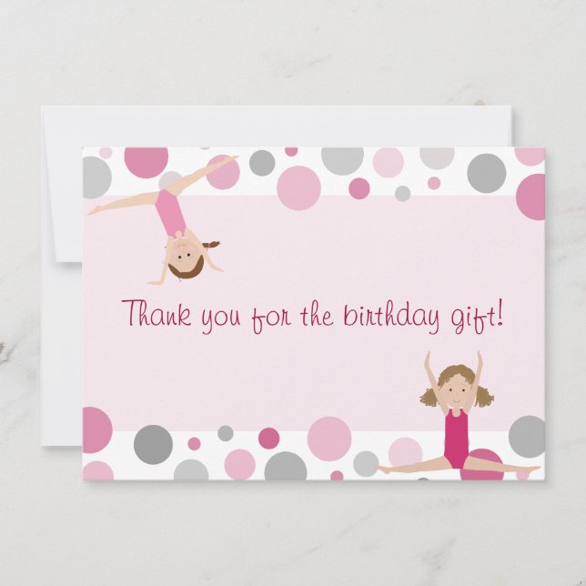 Gymnastics Party Flat Thank You in Pink and Grey (Front)