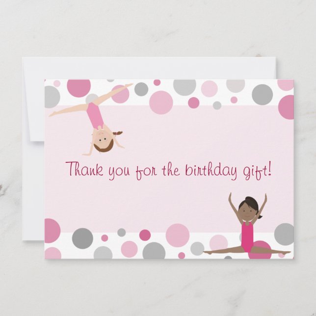 Gymnastics Party Flat Thank You in Pink and Grey Card (Front)