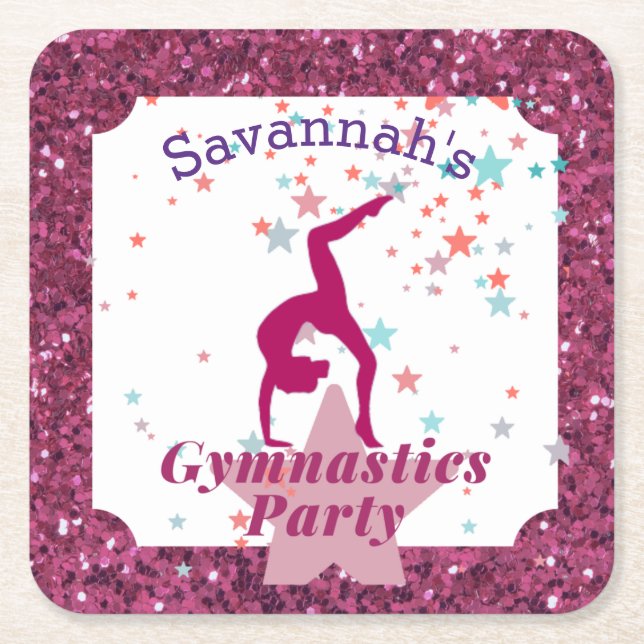 Gymnastics Party Glitter & Stars    Square Paper Coaster (Front)