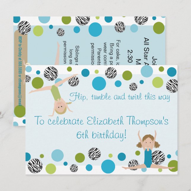 Gymnastics Party Invitation Black, Aqua and Green (Front/Back)