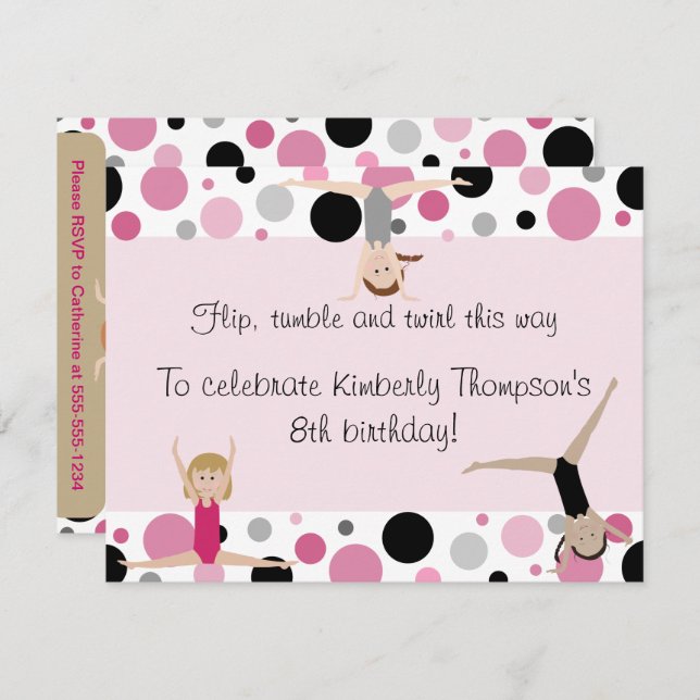 Gymnastics Party Invitation Pink, Grey & Black (Front/Back)