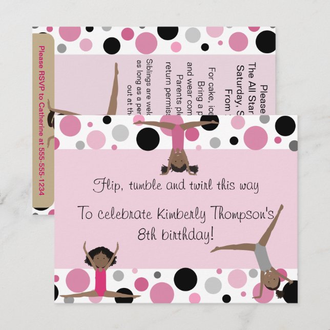 Gymnastics Party Invitation Pink, Grey & Black (Front/Back)