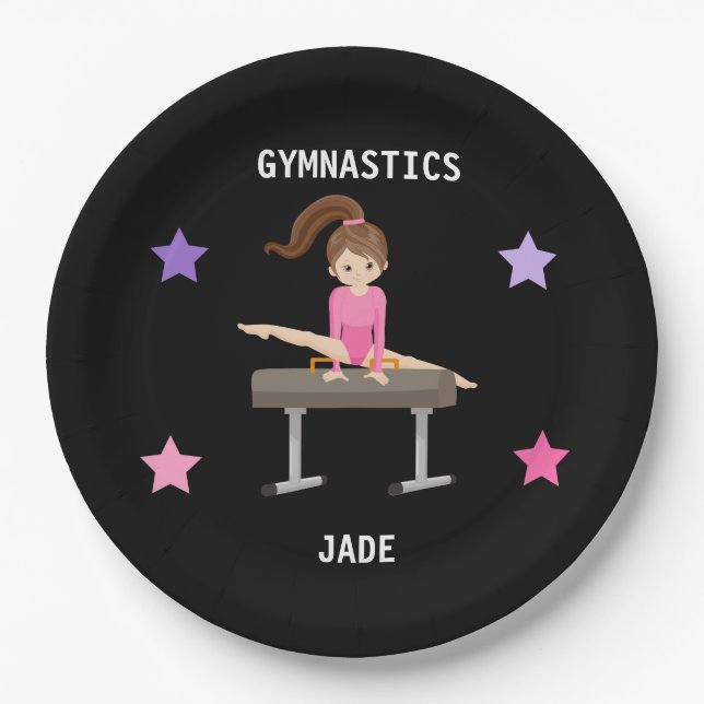  GYMNASTICS PARTY PLATES FOR GIRLS PERSONALIZED. (Front)