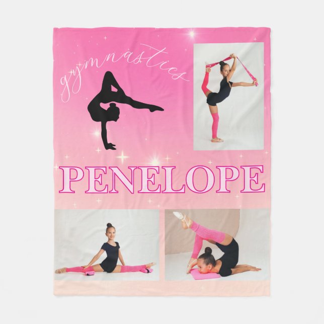 Gymnastics Pink Gradient 3 Photo Personalised Fleece Blanket (Front)