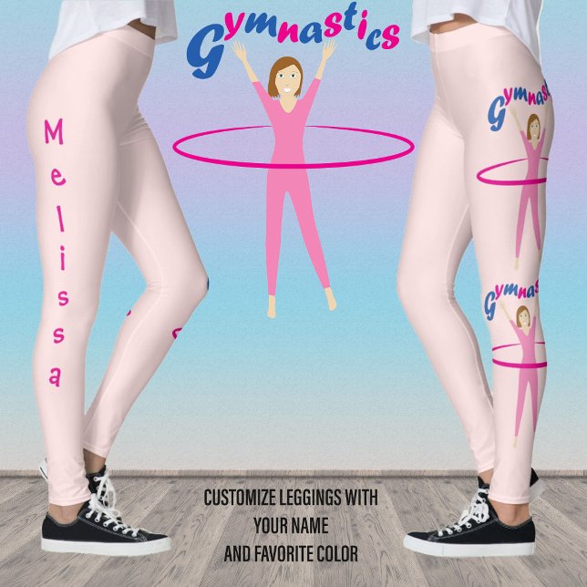 Gymnastics Pink hula hooping girl Your custom name Leggings (Fun pink leggings for gymnastic girls with custom text and color. )