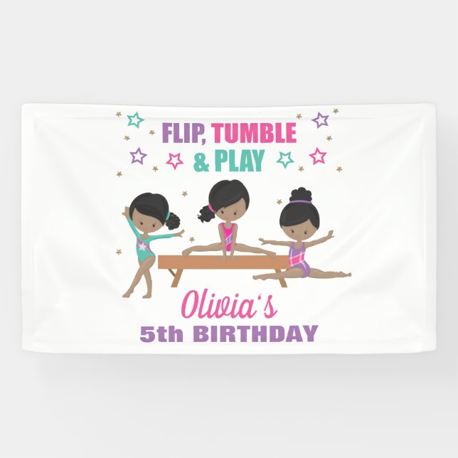 Gymnastics Pink Purple Turquoise Girl Birthday Ban Banner (Horizontal)