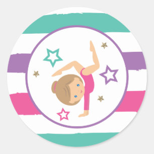 Gymnastics Pink Purple Turquoise Girl Birthday Cla Classic Round Sticker