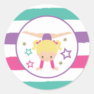 Gymnastics Pink Purple Turquoise Girl Birthday Cla Classic Round Sticker