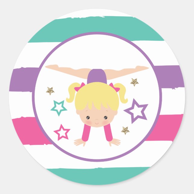 Gymnastics Pink Purple Turquoise Girl Birthday Cla Classic Round Sticker (Front)