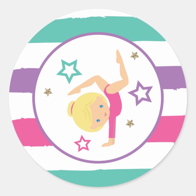 Gymnastics Pink Purple Turquoise Girl Birthday Classic Round Sticker (Front)