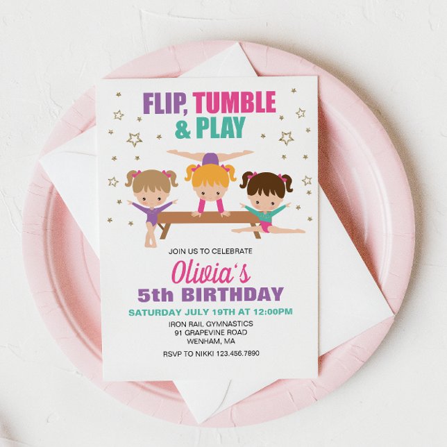 Gymnastics Pink Purple Turquoise Girl Birthday Invitation (Creator Uploaded)