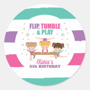 Gymnastics Pink Purple Turquoise Girl Birthday Pap Classic Round Sticker