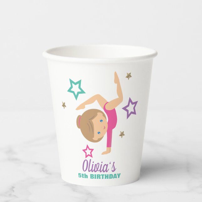 Gymnastics Pink Purple Turquoise Girl Birthday Pap Paper Cups (Front)