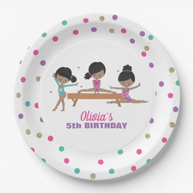 Gymnastics Pink Purple Turquoise Girl Birthday Pap Paper Plate (Front)