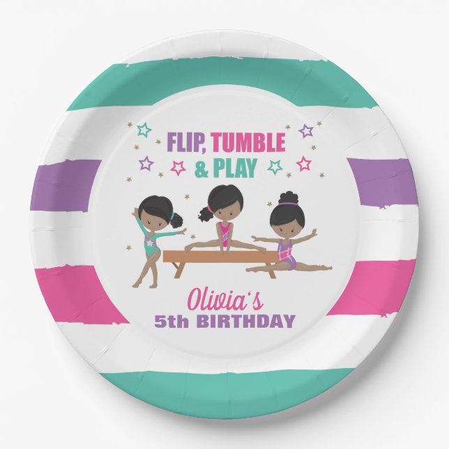 Gymnastics Pink Purple Turquoise Girl Birthday Pap Paper Plate (Front)