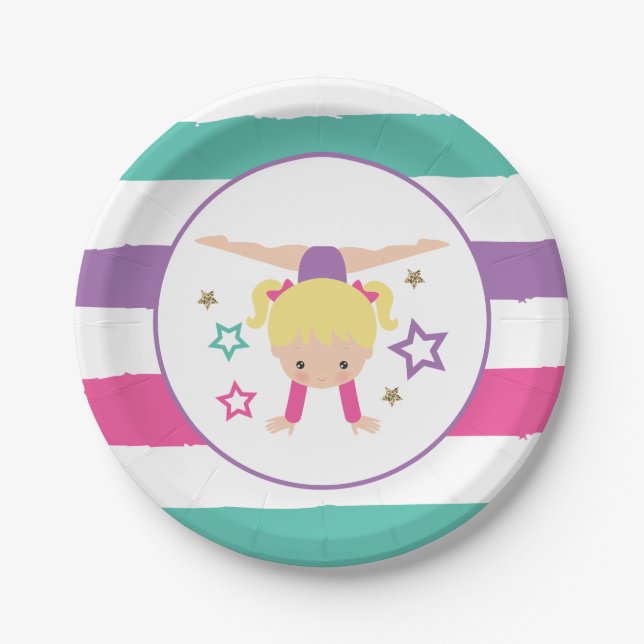 Gymnastics Pink Purple Turquoise Girl Birthday Pap Paper Plate (Front)