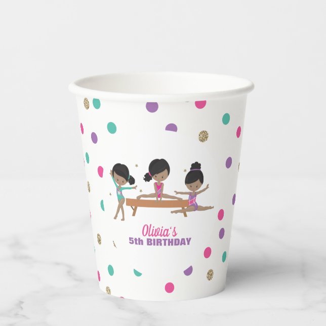 Gymnastics Pink Purple Turquoise Girl Birthday Paper Cups (Front)