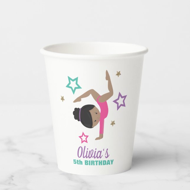 Gymnastics Pink Purple Turquoise Girl Birthday Paper Cups (Front)