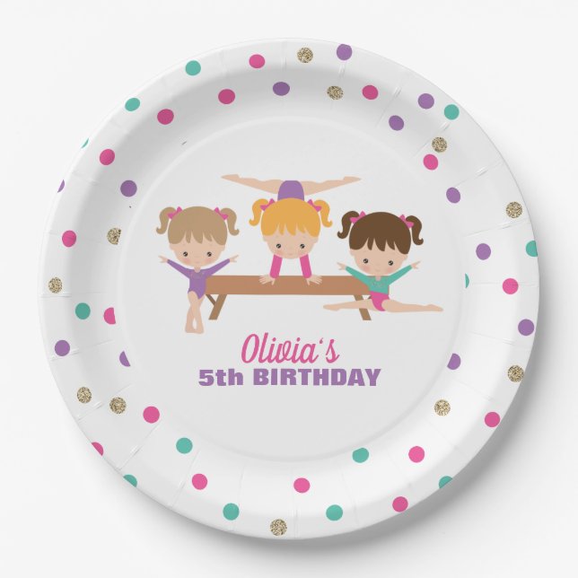 Gymnastics Pink Purple Turquoise Girl Birthday Paper Plate (Front)