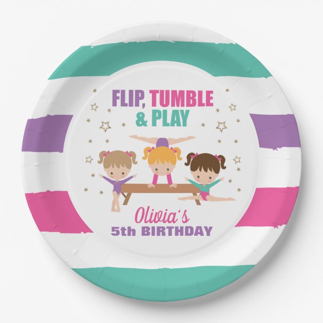 Gymnastics Pink Purple Turquoise Girl Birthday Paper Plate (Front)