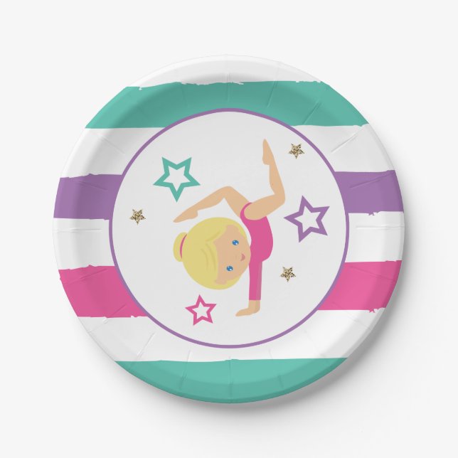 Gymnastics Pink Purple Turquoise Girl Birthday Paper Plate (Front)