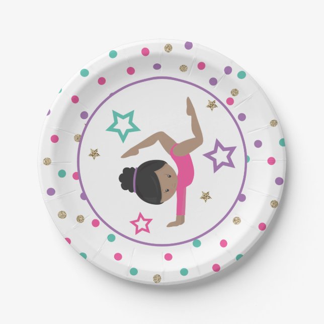 Gymnastics Pink Purple Turquoise Girl Birthday Paper Plate (Front)