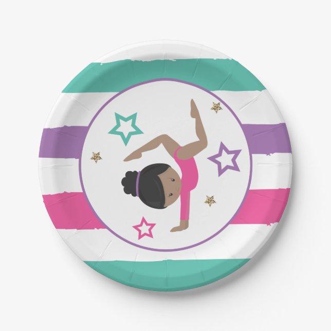 Gymnastics Pink Purple Turquoise Girl Birthday Paper Plate (Front)