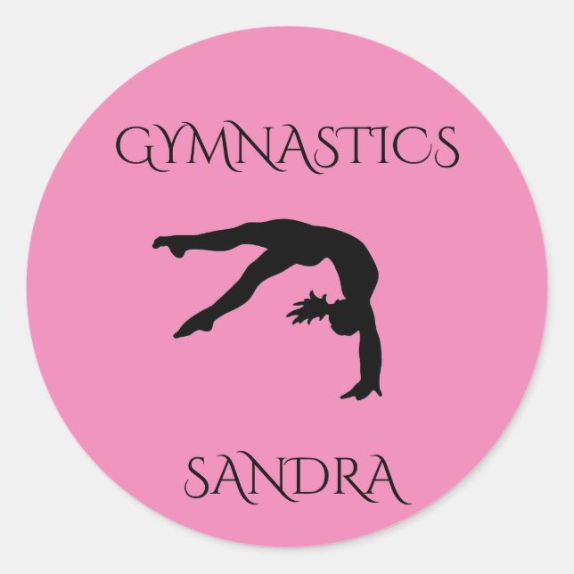 Gymnastics pink round stickers. Personalise name. Classic Round Sticker (Front)