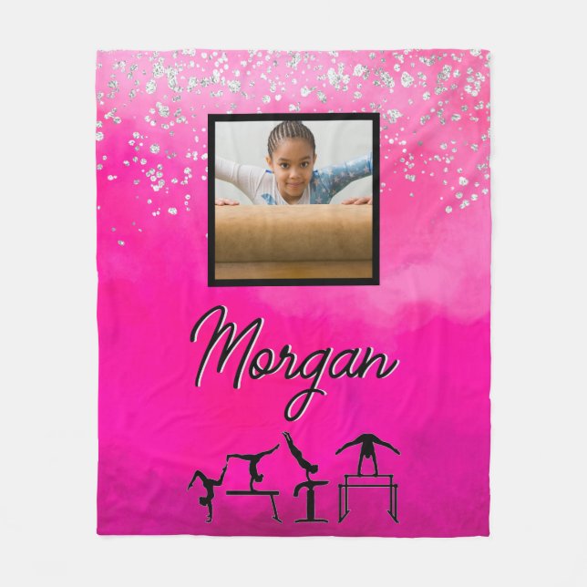 Gymnastics Pink, Silver, Glitter Custom Photo/Name Fleece Blanket (Front)
