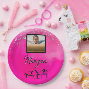 Gymnastics Pink, Silver, Glitter Custom Photo/Name Paper Plate