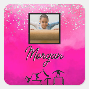 Gymnastics Pink, Silver, Glitter Custom Photo/Name Square Sticker
