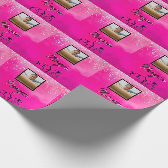 Gymnastics Pink, Silver, Glitter Custom Photo/Name Wrapping Paper (Corner)