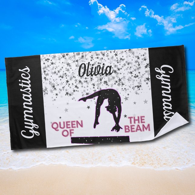 Gymnastics Queen of the Beam Silver Stars  Beach Towel (Queen of the Beam Gymnastics Beach Towel for Girls and Teens)