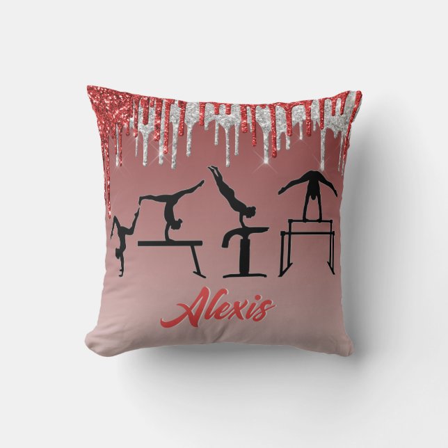 Gymnastics Red and Silver Glitter Drip Ombre   Cushion (Front)