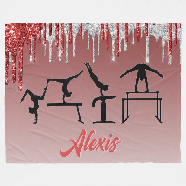 Gymnastics Red and Silver Glitter Drip Ombre Fleece Blanket (Front (Horizontal))