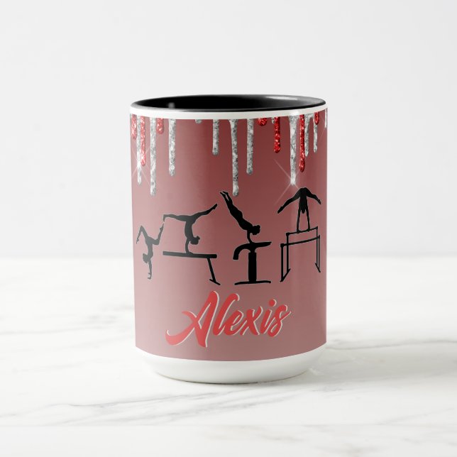 Gymnastics Red and Silver Glitter Drip Ombre    Mug (Center)