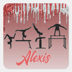 Gymnastics Red and Silver Glitter Drip Ombre     Square Sticker