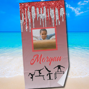 Gymnastics Red & Silver Glitter Drip Custom Photo  Beach Towel
