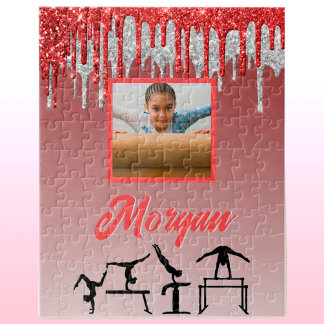 Gymnastics Red & Silver Glitter Drip Custom Photo  Jigsaw Puzzle
