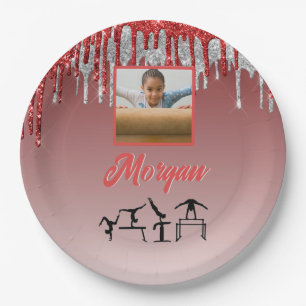 Gymnastics Red & Silver Glitter Drip Custom Photo  Paper Plate
