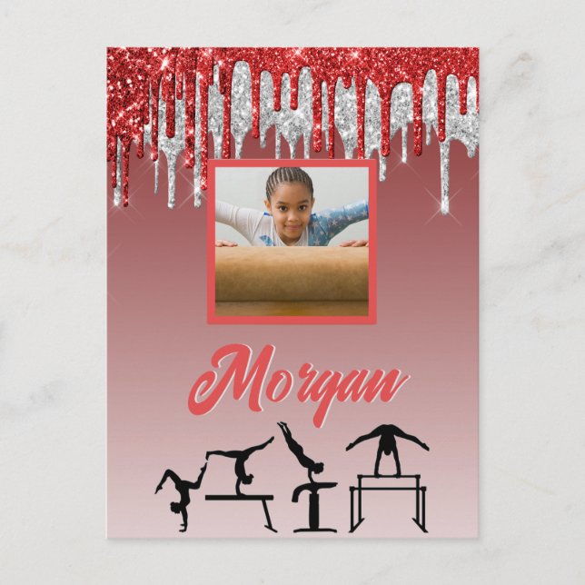 Gymnastics Red & Silver Glitter Drip Custom Photo  Postcard (Front)