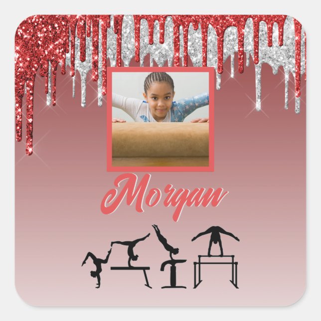 Gymnastics Red & Silver Glitter Drip Custom Photo  Square Sticker (Front)