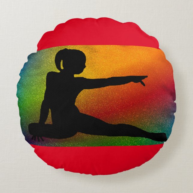 Gymnastics round pillow in red. (Front)