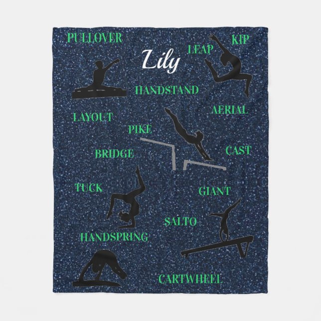 Gymnastics Skills Blue Green Sparkle Typography Fleece Blanket (Front)