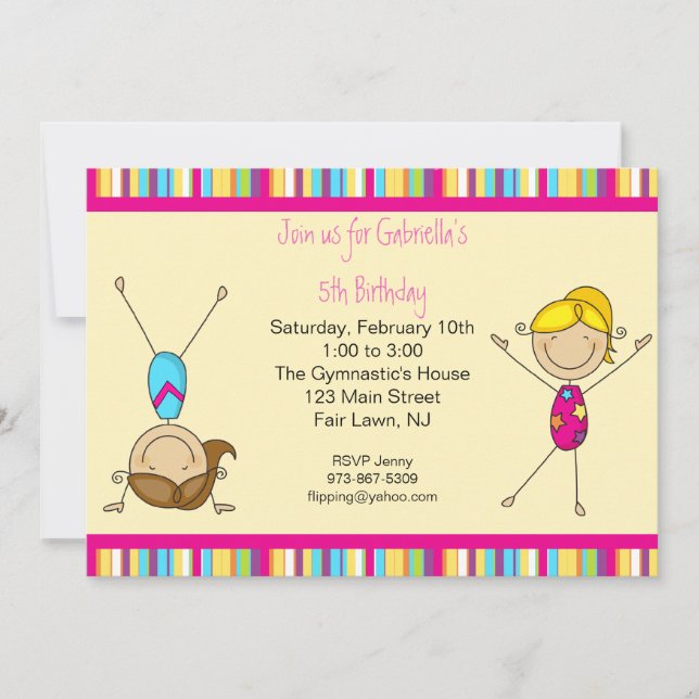 Gymnastics Stick Figure Birthday Invitation (Front)